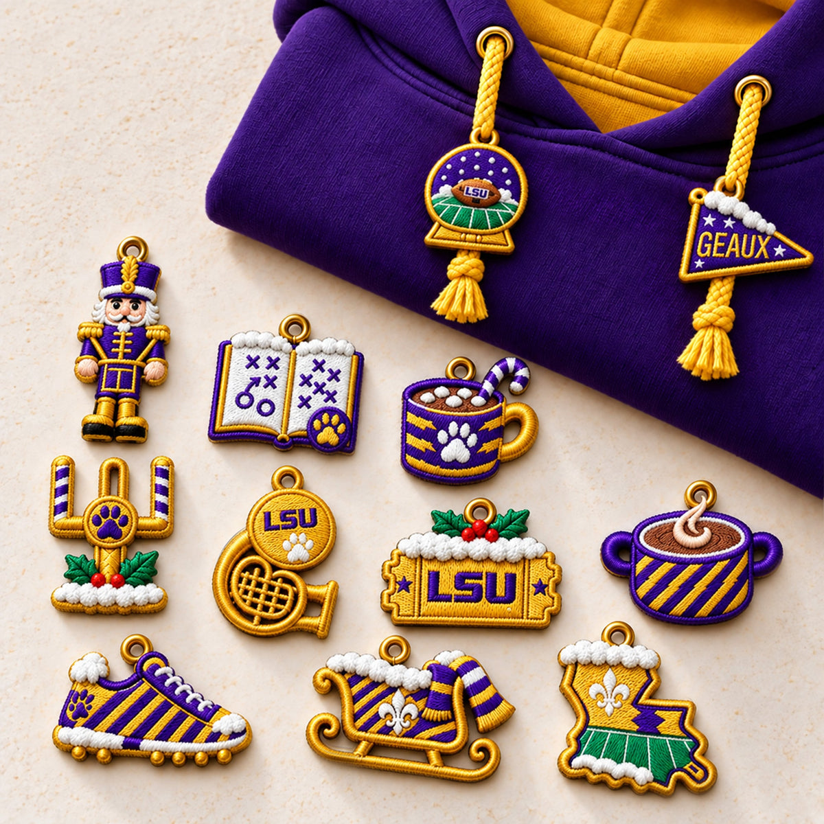Premium LSU Christmas Embroidered Charm Hoodie PVNA