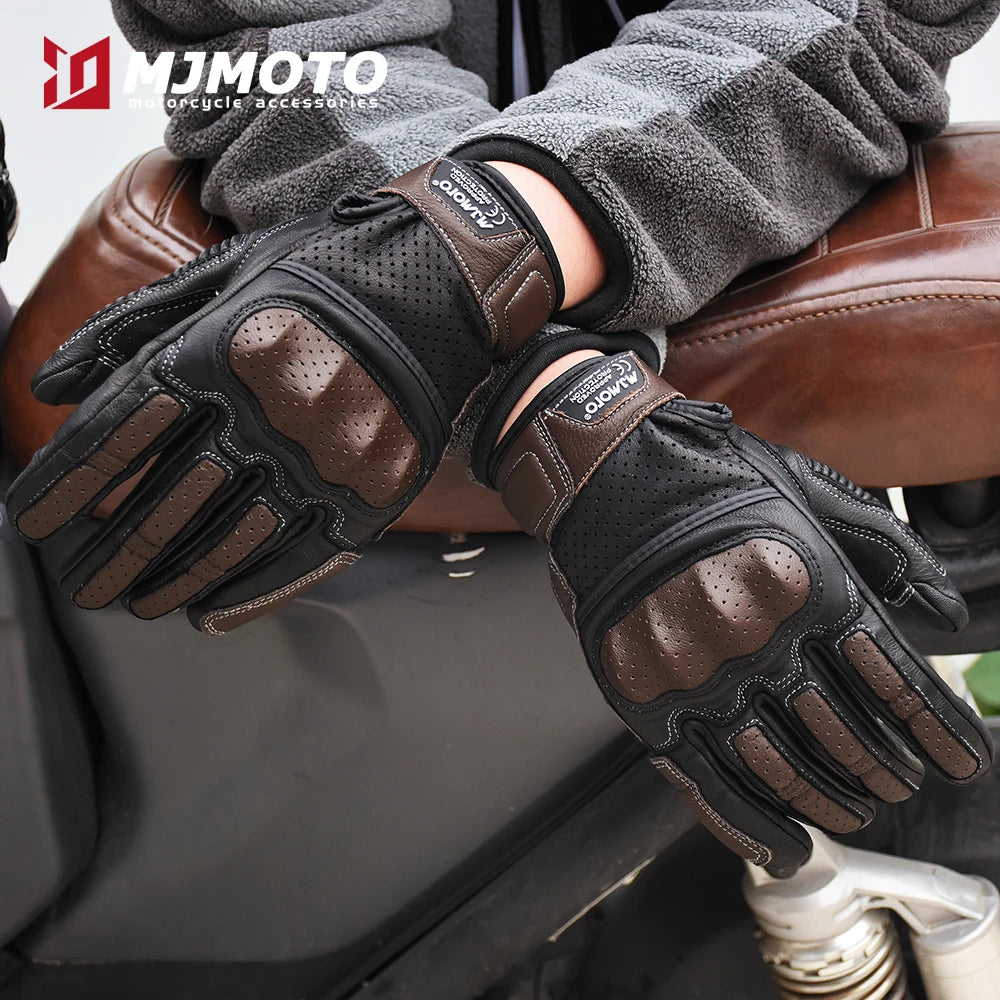 With CE Approved Summer Retro Perforated Leather Motorcycle Gloves Men Women Full Finger Motocross Dirt Biker Glove Guantes Moto