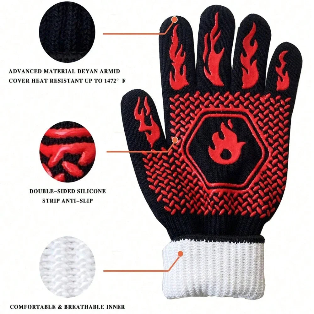 2PCS 500 Heat-insulating Resistant BBQ Gloves Fireplace Grilling Gloves Anti-scald Oven Glove for Ktichen Baking Grill Microwave
